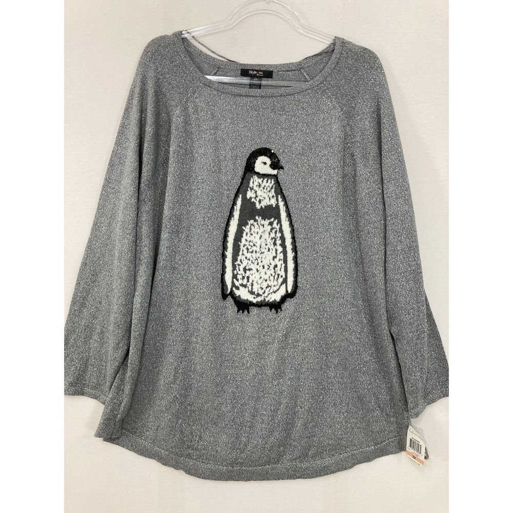 New Style & Co Penguin Graphic‎ Novelty Sweater 2X Grey Metallic Sequin Pullover